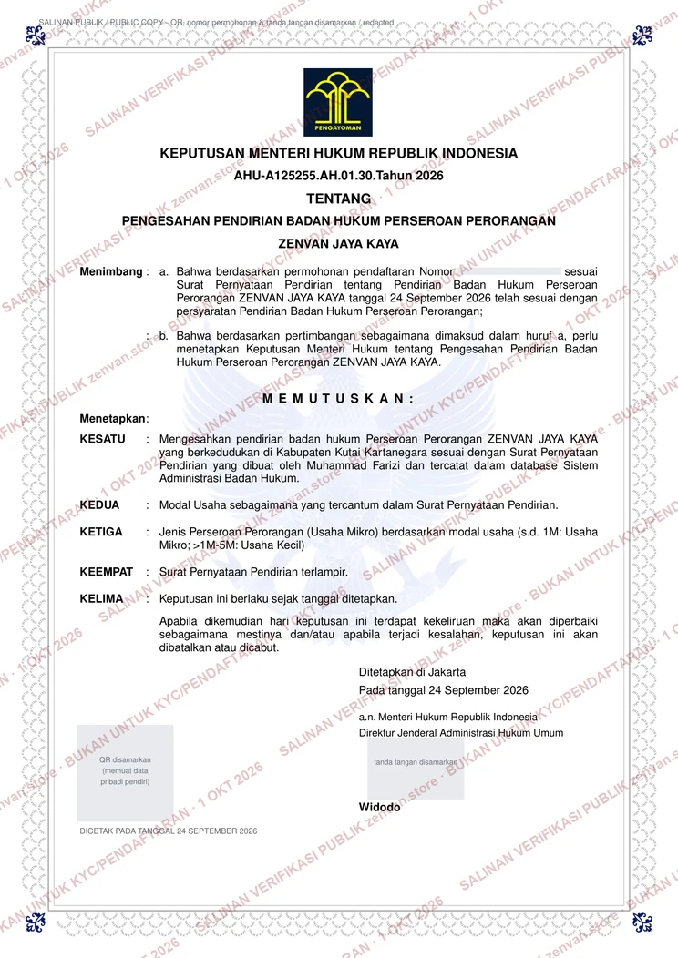 Salinan publik SK pengesahan badan hukum PT ZENVAN JAYA KAYA, pengelola ZenVan Store
